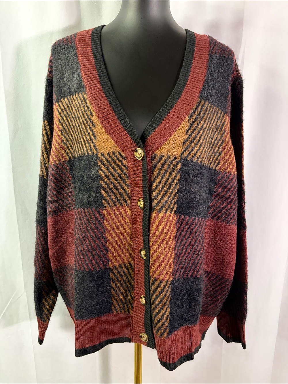 Jessica Simpson Multicolor Plaid Fuzzy Button Front Oversized Cardigan